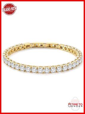 14K Gold Plated Cubic Zirconia Tennis Bracelet Adjustable Stainless Steel